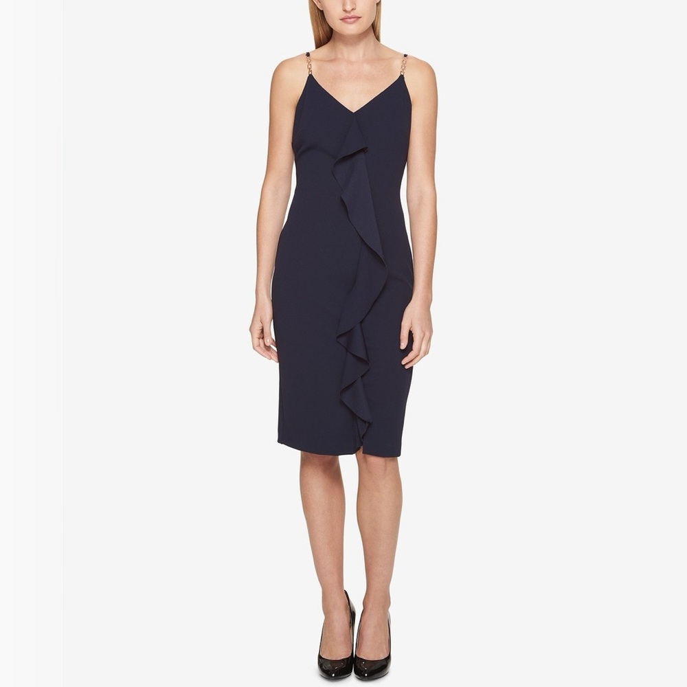 GUESS Navy Ruffled V-Neck Sleeveless Sheath Dress Size 12